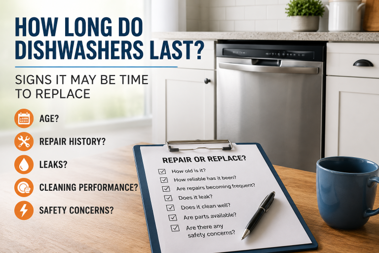 Dishwasher lifespan and repair-or-replace decision guide shown with a stainless-steel dishwasher and checklist.