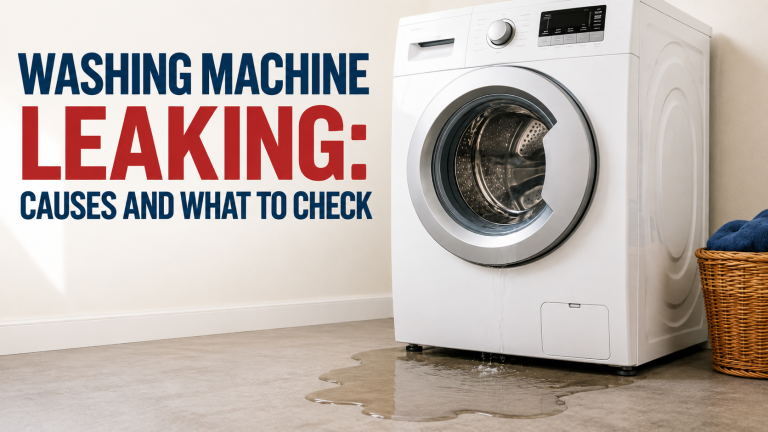 Front-load washing machine leaking water onto the floor at the base of the appliance.