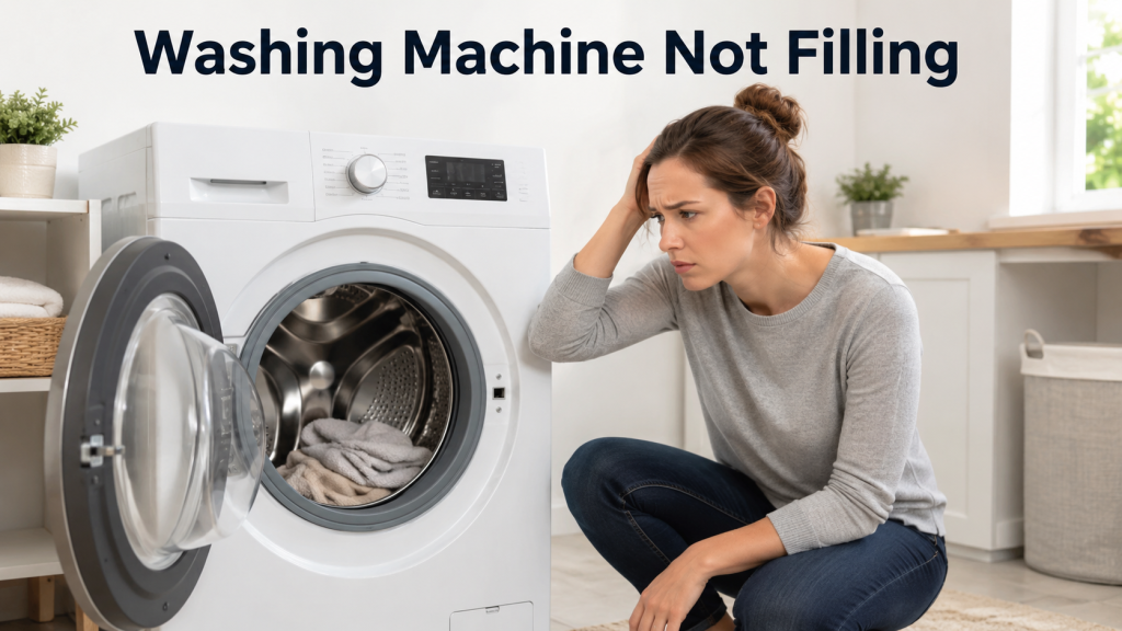Homeowner checking a front-load washing machine that is not filling with water.