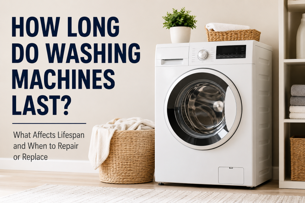 Front-load washing machine in a laundry room illustrating how long washing machines last and when repair or replacement may make sense.