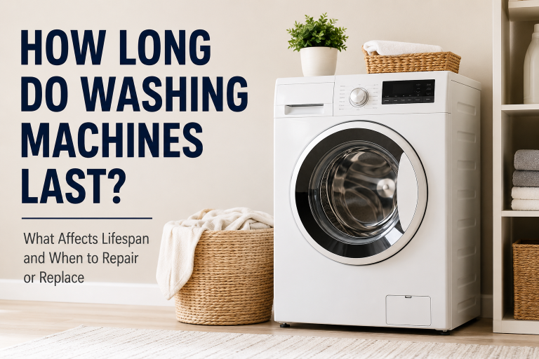 Front-load washing machine in a laundry room illustrating how long washing machines last and when repair or replacement may make sense.