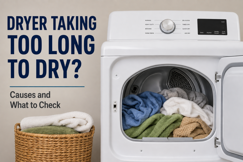 Overloaded dryer with damp towels and clothes illustrating a dryer taking too long to dry.