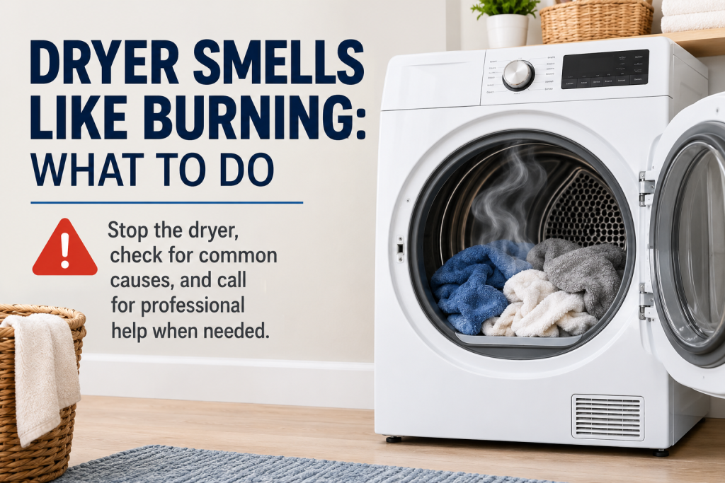 Open clothes dryer with a burning odor warning and guidance to stop the dryer, check airflow, and get professional help if needed.