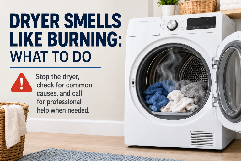 Open clothes dryer with a burning odor warning and guidance to stop the dryer, check airflow, and get professional help if needed.
