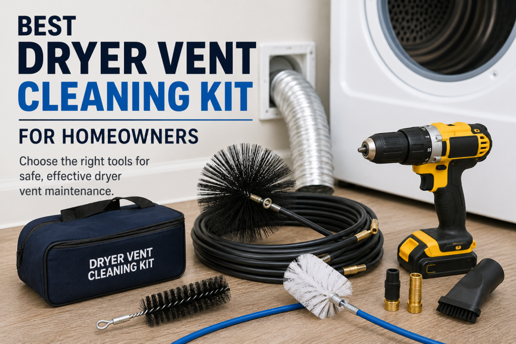 Dryer vent cleaning kit with flexible rods, vent brushes, drill attachment, and vacuum accessory arranged beside a clothes dryer.