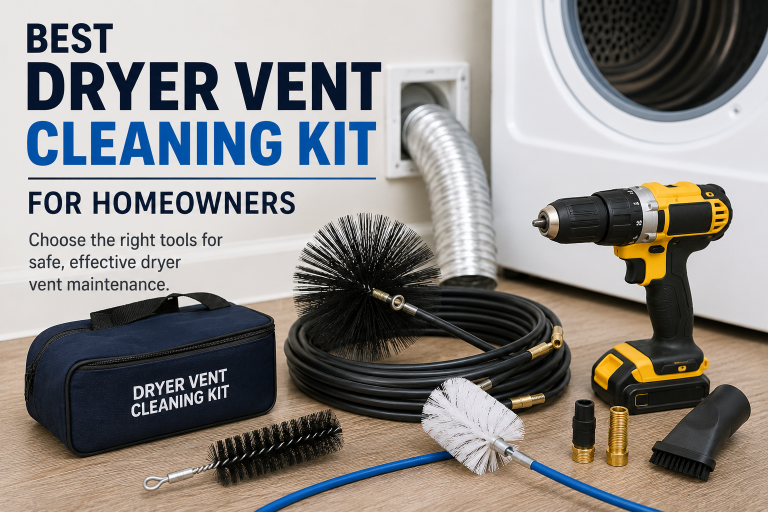 Dryer vent cleaning kit with flexible rods, vent brushes, drill attachment, and vacuum accessory arranged beside a clothes dryer.