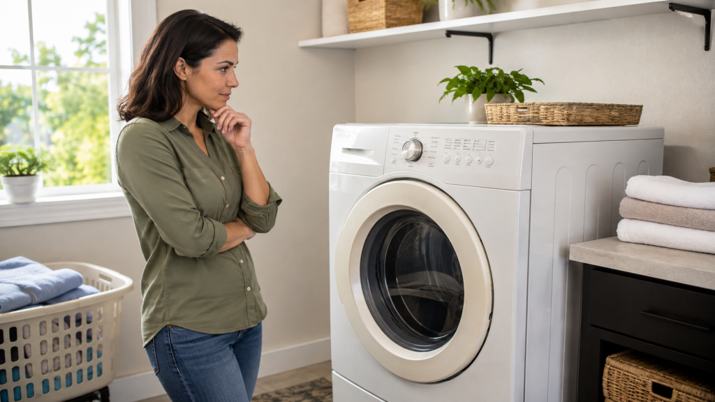 Homeowner considering whether to repair or replace an older clothes dryer in a laundry room.