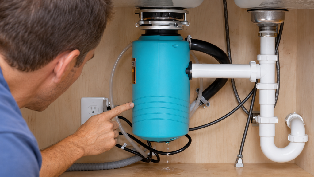 Homeowner inspecting water dripping from the bottom of a garbage disposal beneath a kitchen sink.