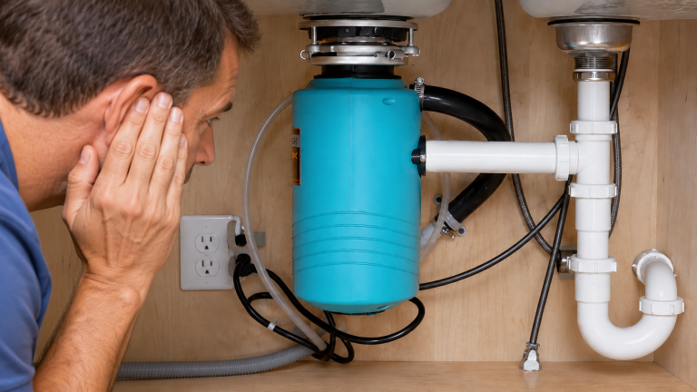Homeowner listening to a garbage disposal under a kitchen sink after it begins humming without grinding.