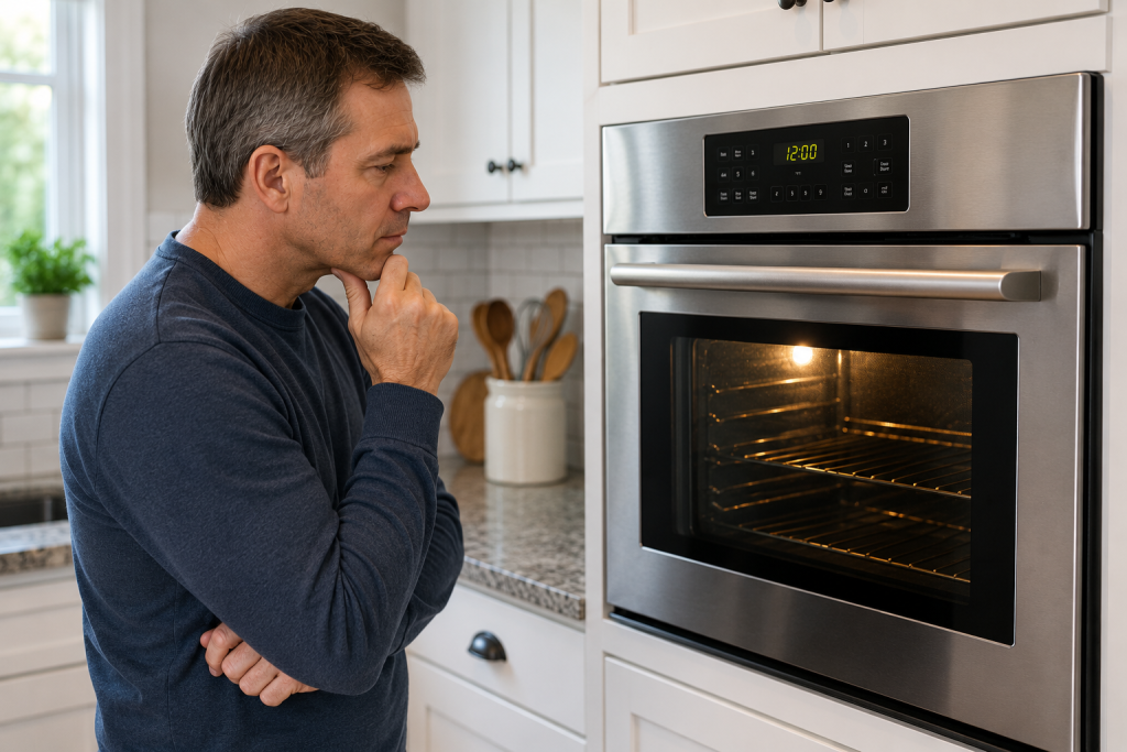 Homeowner considering whether to repair or replace an older built-in oven in a residential kitchen.