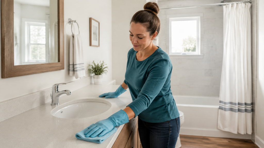 Woman wearing cleaning gloves wipes a bathroom vanity counter with a microfiber cloth.