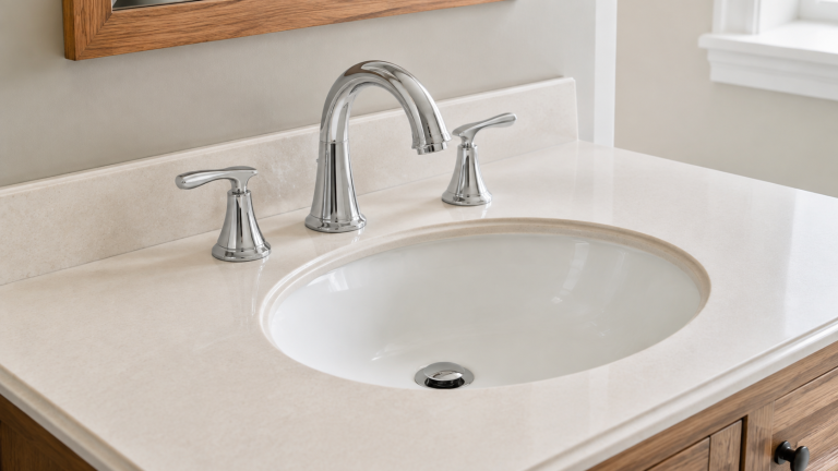 Polished chrome widespread bathroom faucet with two lever handles above a white undermount sink.