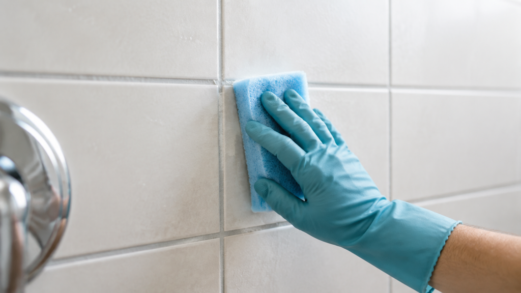 Gloved hand gently wipes white shower tile beside a grout joint with a soft blue sponge.