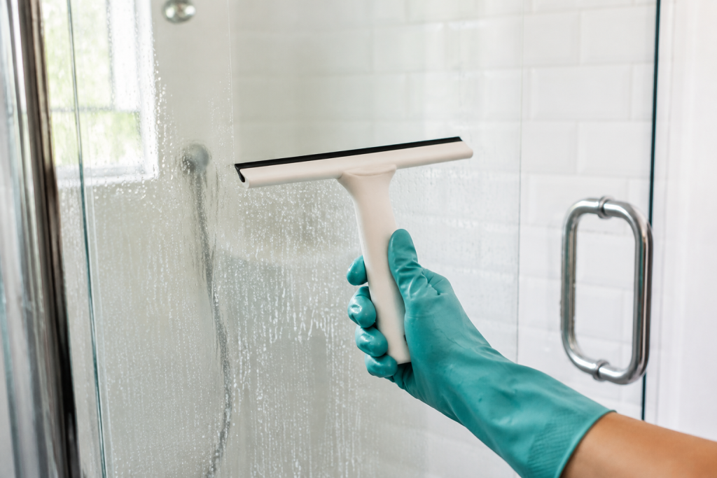 Teal-gloved hand uses a white squeegee to remove water from a glass shower door.