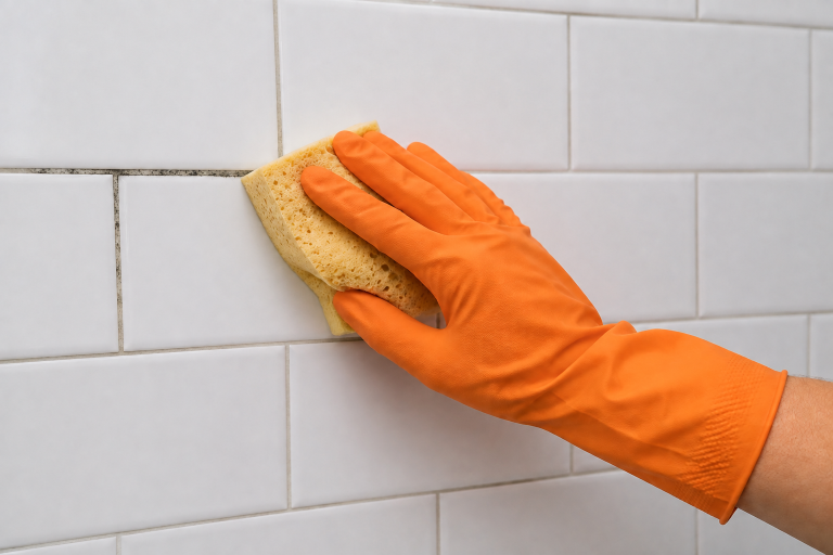 Orange-gloved hand demonstrates how to remove mold from shower grout with a soft sponge.