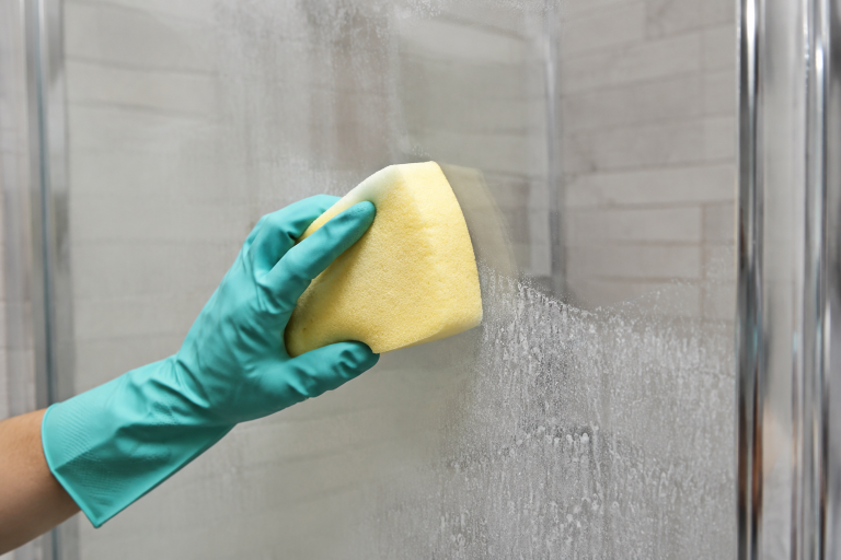 Teal-gloved hand demonstrates how to remove soap scum from shower glass with a soft sponge.