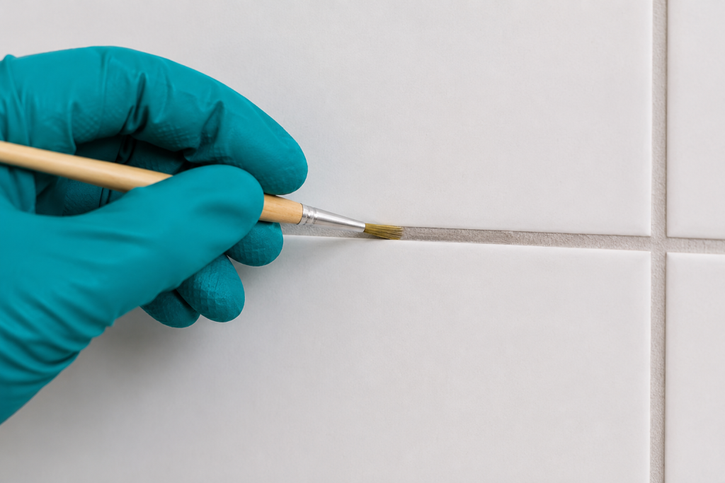 Teal-gloved hand applies grout sealer to a shower tile joint with a small brush.