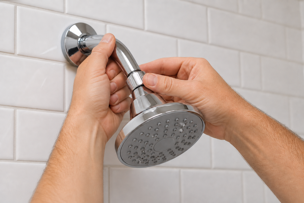 Hands demonstrate how to replace shower head fittings while holding the existing chrome shower arm steady.