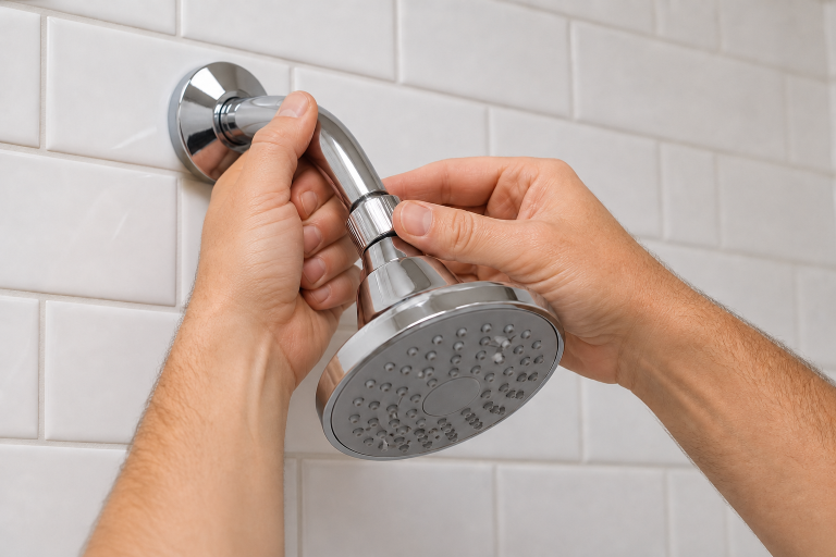Hands demonstrate how to replace shower head fittings while holding the existing chrome shower arm steady.