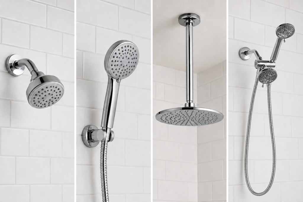 Four types of shower heads in chrome: fixed, handheld, ceiling-mounted rain, and combination.