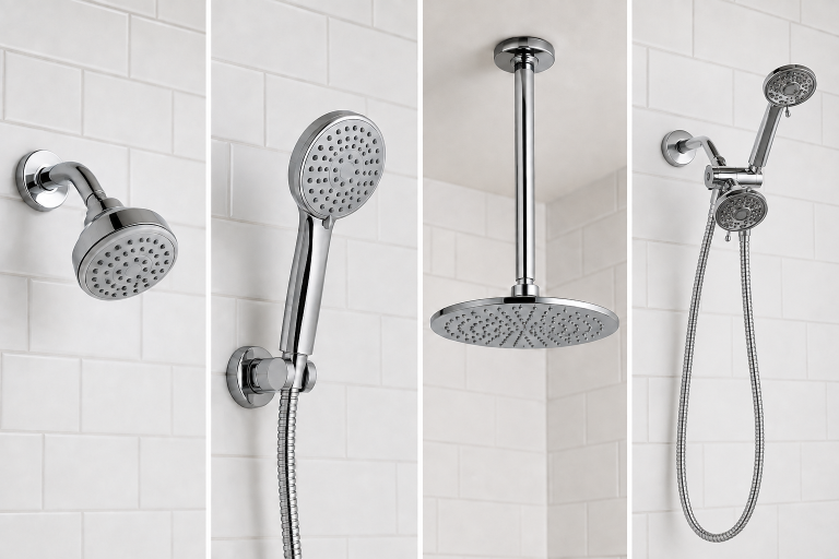 Four types of shower heads in chrome: fixed, handheld, ceiling-mounted rain, and combination.