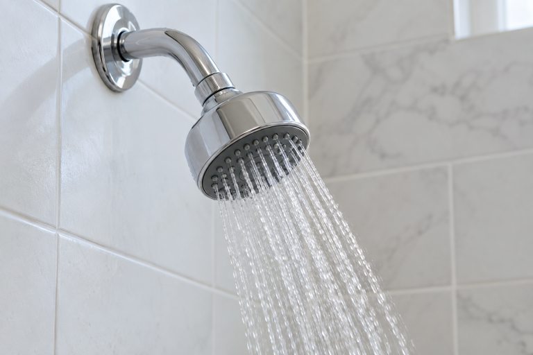 Compact chrome shower head spraying water against white tile in a guide to choosing the best shower head for low water pressure.