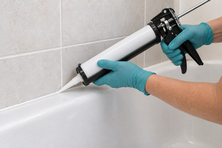 How to caulk a shower or bathtub: gloved hands apply white sealant along the joint between a bathtub rim and tiled wall.