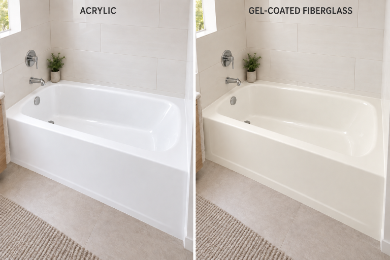 Acrylic vs fiberglass tub comparison showing a bright white acrylic bathtub beside an ivory gel-coated fiberglass bathtub in clean tiled bathrooms.