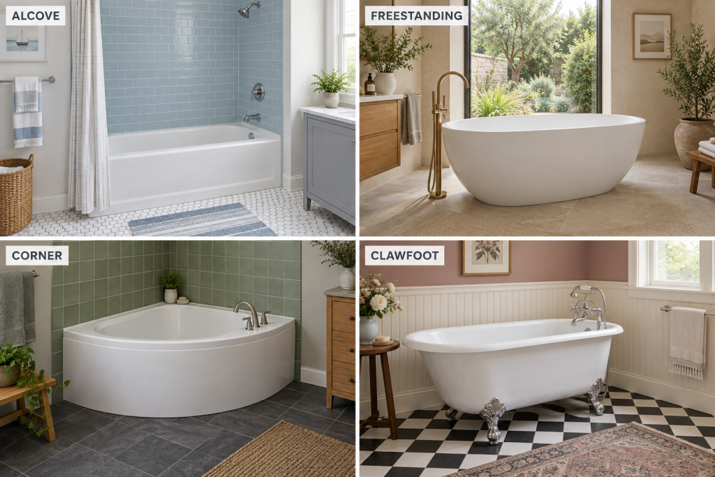 Four types of bathtubs—alcove, freestanding, corner, and clawfoot—shown in distinct bathroom settings suited to each style.