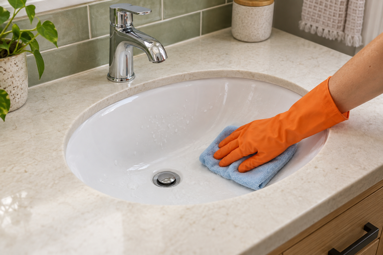 How to clean bathroom sink surfaces: an orange-gloved hand wipes a white basin with a soft blue cloth.