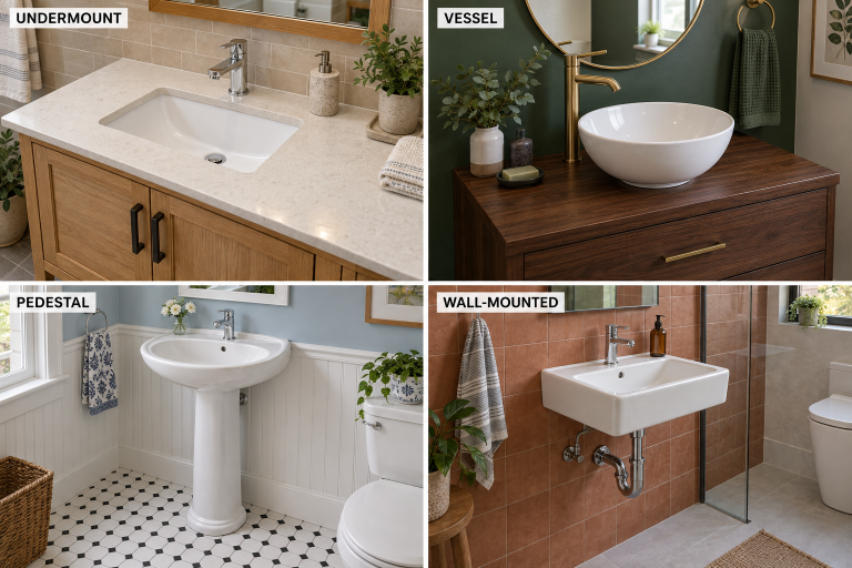 Four types of bathroom sinks—undermount, vessel, pedestal, and wall-mounted—shown in distinct bathroom settings.