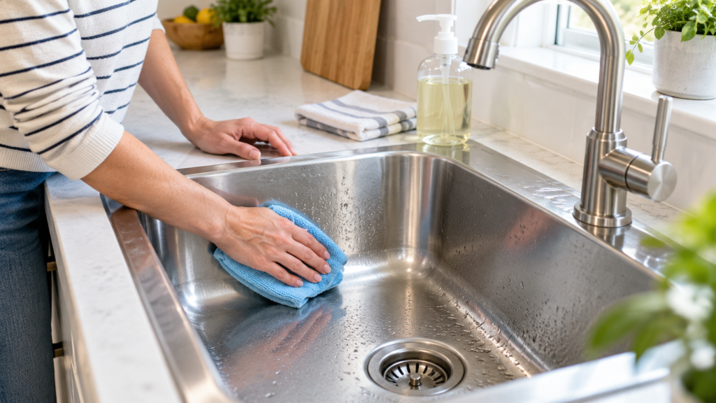 Homeowner wiping a stainless steel kitchen sink with a soft cloth while learning how to clean kitchen sink surfaces without damaging the finish