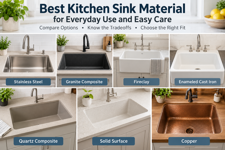 Comparison of seven best kitchen sink material options including stainless steel, granite composite, fireclay, cast iron, quartz composite, solid surface, and copper