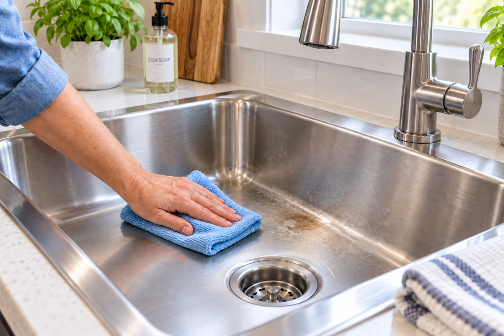 Homeowner wiping a visible stain from a stainless steel kitchen sink with a soft blue cloth