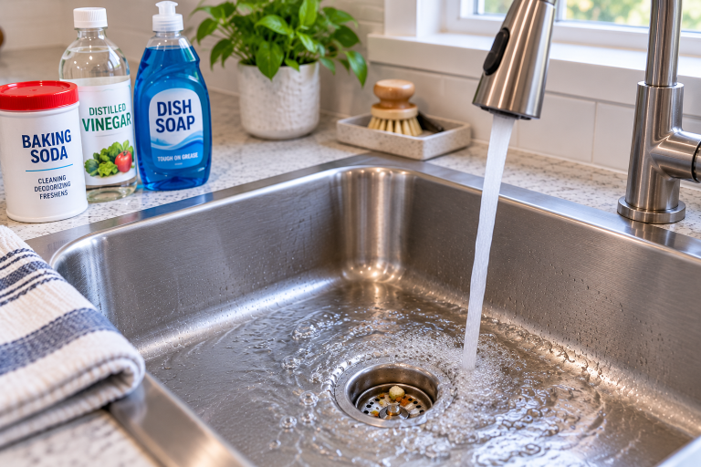 Kitchen sink gurgling as water drains with bubbles around the stainless steel sink drain