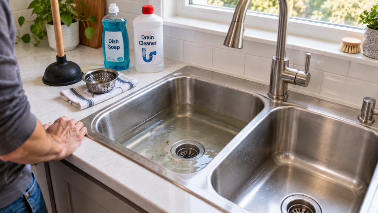 Slow-draining double-bowl kitchen sink with standing water, a visible drain opening, a plunger, and common sink-cleaning supplies nearby