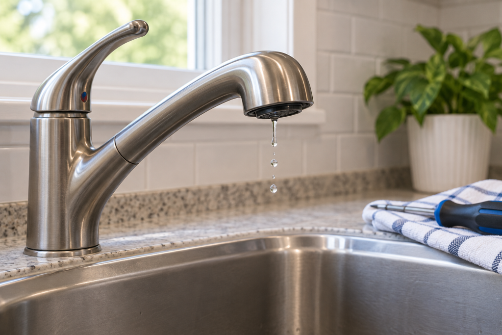 Kitchen faucet dripping from the spout above a stainless steel sink with a screwdriver nearby for faucet repair