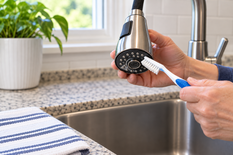 Homeowner cleaning calcium buildup from a pull-down kitchen faucet head with a small soft brush