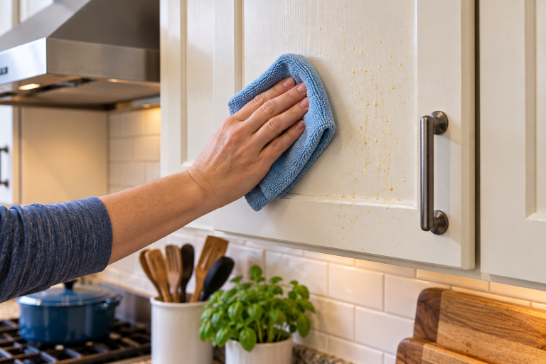 Homeowner wiping greasy residue from a white kitchen cabinet door with a soft microfiber cloth