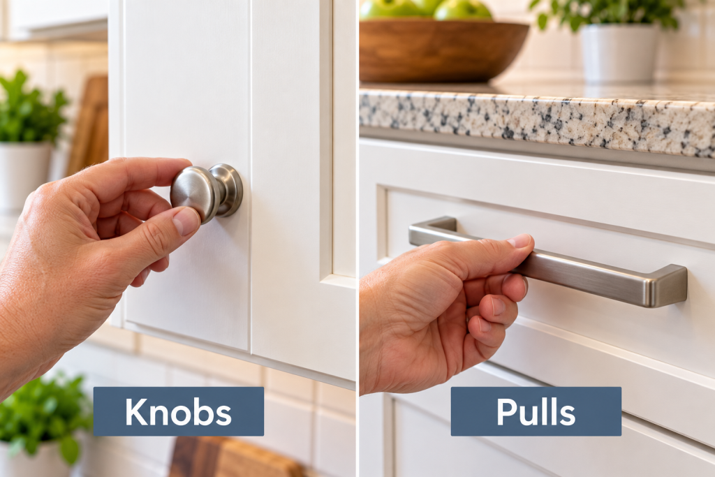 Side-by-side comparison of a kitchen cabinet knob and drawer pull being used on white shaker-style cabinets