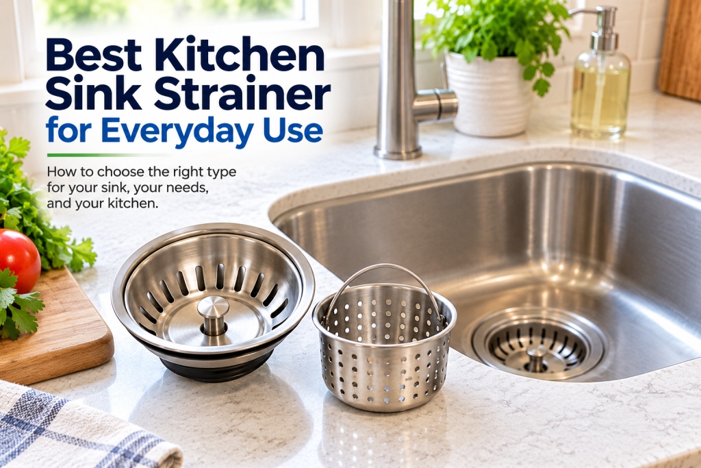 Kitchen sink strainers displayed beside a stainless steel sink, including a basket strainer and removable insert