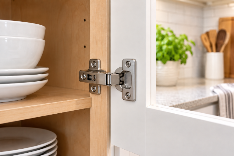 Close-up of a soft-close concealed hinge installed on a white kitchen cabinet door