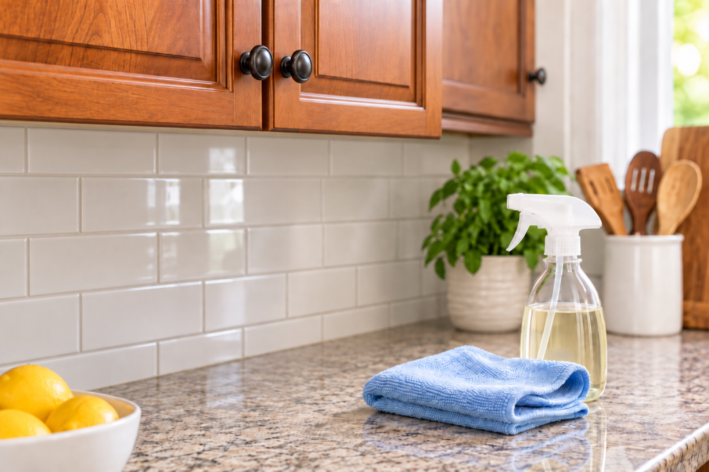 Wood kitchen cabinets with a spray cleaner and microfiber cloth on the countertop for routine cabinet cleaning