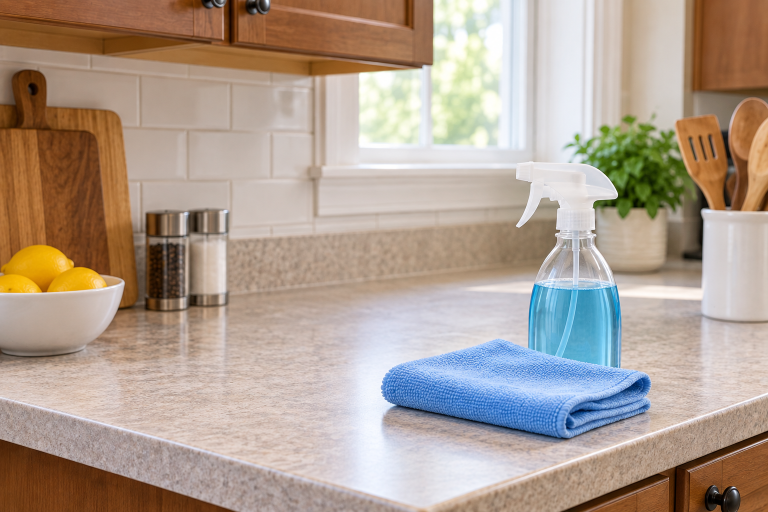 Laminate kitchen countertop with a spray cleaner and microfiber cloth ready for routine cleaning