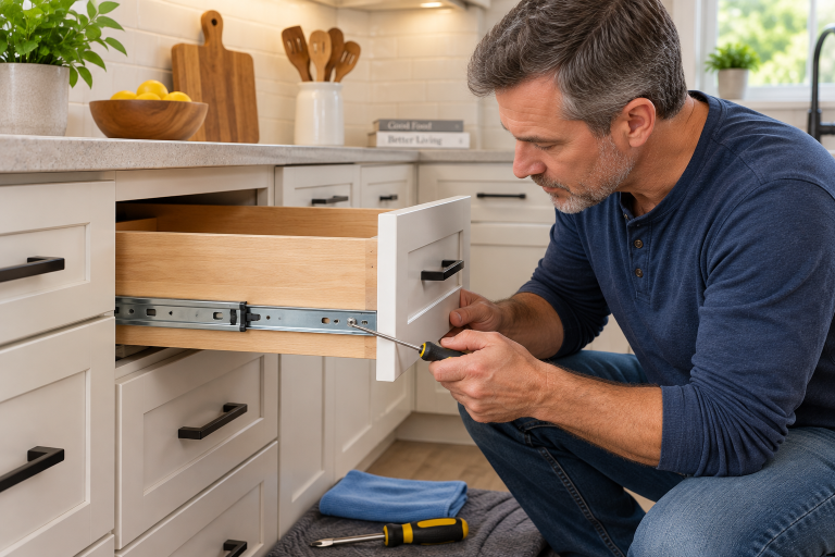Homeowner adjusting a kitchen drawer slide with a screwdriver while checking the drawer hardware