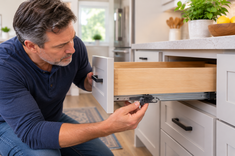 Homeowner inspecting the soft-close mechanism on a kitchen drawer that is not closing properly