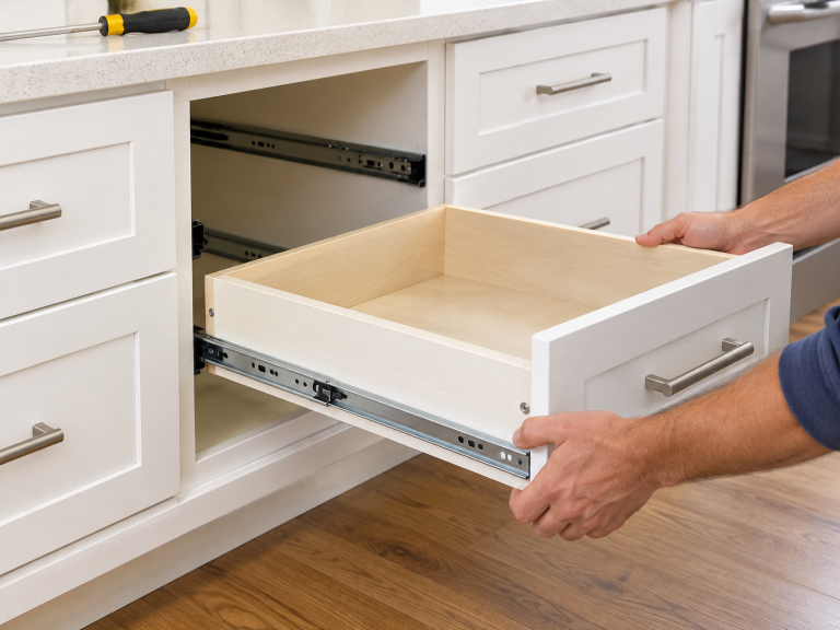 Homeowner installing a side-mount drawer slide on a kitchen drawer while aligning it with the cabinet hardware