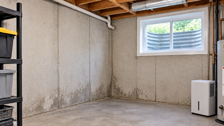 Unfinished basement with mild moisture staining along the lower concrete walls and a mostly dry floor