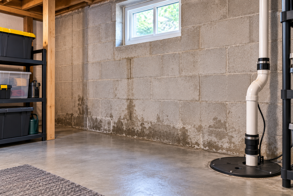 Basement wall with moisture staining near the floor and a sump pump system in a clean unfinished basement