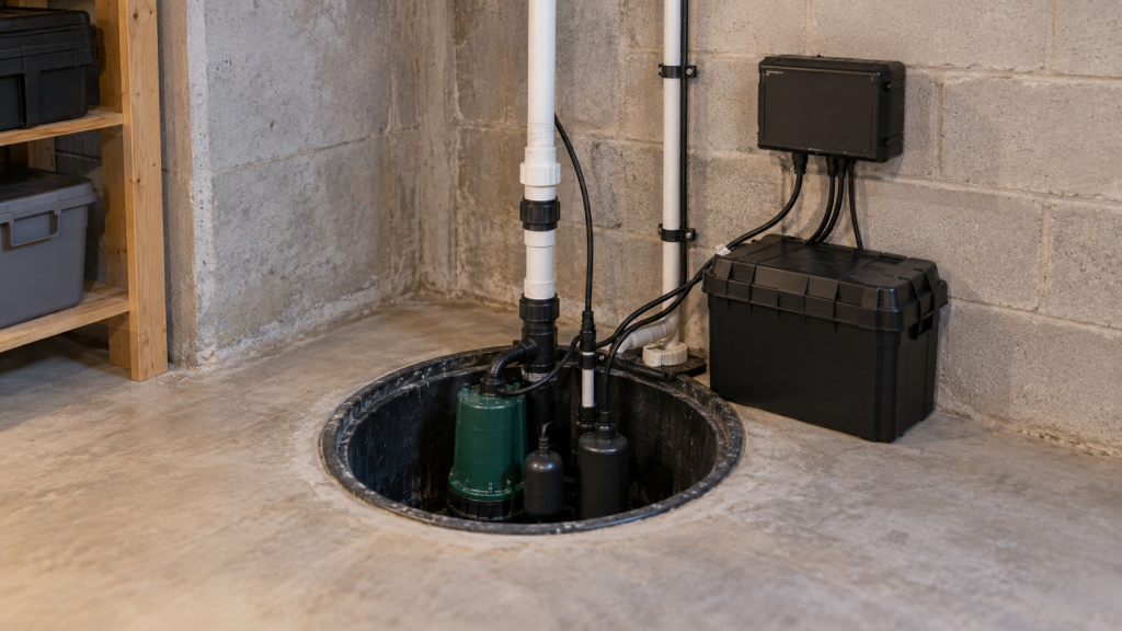 Battery backup sump pump system with a secondary pump, battery box, control unit, and discharge piping in an unfinished basement